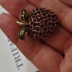 Trifari brooch red gold rhinestone strawberry enamel